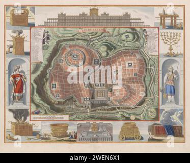 Blick auf den Tempelberg von Jerusalem von Osten, 1652 - 1708 Karte drucken vom Tempelberg von Jerusalem von Osten. Am Rand verschiedene Darstellungen der verschiedenen Tempel und der Tempelutensilien. Im Uhrzeigersinn, in der Mitte des Salomo-Tempels, der Tisch vor den Vitrinen, der Zeven-Kerzenleuchter, in einer Nische eine Statue des Hohepriesters Aaron, die Hütte, ein goldenes Spülbecken, der Tempel von Ezekiel, das Becken, das Meer genannt wird, der Altar, in einer Nische ein Bild von König Salomo, der Geruchsopferblock und die Bundeslade. Papiergravur der Bundeslade Stockfoto