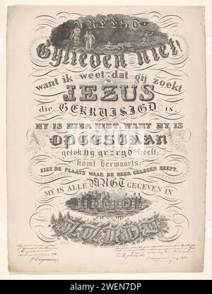 Biblisches Zitat über die Auferstehung Jesu Christi, Anonym, 1836 in anmutigen Briefen erscheint ein biblisches Zitat: Mattheus 28,6. „Keine Angst! Denn ich weiß, dass du Jesus suchst, der gekreuzigt ist. Er ist nicht hier, denn er ist auferstanden, wie er sagte. Kommt zurück, seht den Ort, wo der Herr war. Alle Macht ist mir gegeben im Himmel und auf Erden. Oben zwei Marias, ein Engel und ein paar verängstigte Soldaten am leeren Grab. Am Fuße Christi inmitten seiner Apostel. Papiere verängstigte und/oder schlafende Soldaten am Grab Christi. Christus erklärt seine Taten Stockfoto