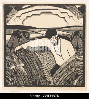 Farmer die Graan Harvest, Johan van Hell, 1921 drucken Ein bärtiger Mann mäht Getreide mit seiner Sense. Im Hintergrund eine rollende Landschaft mit Getreidefeldern, die sich bis zum Horizont erstrecken. Japanische Papierbauern. Getreide, Getreide, Mais (Gras mit Körnern, angebaut für Lebensmittel, z. B.: Weizen, Reis, Roggen, Hafer, Mais, Buchweizen, Hirse). Ernte Stockfoto