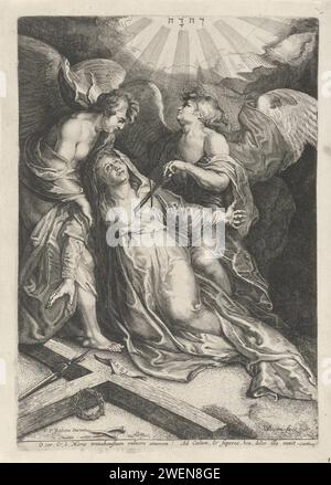 Große Maria, Willem van der Leeuw, nach Peter Paul Rubens, 1613–1665 Druck Maria als Mater Dolorosa, unterstützt von zwei Engeln. Maria kniet mit gestreckten Armen und schaut sich das Tetragramm an, das in der Luft aufgetaucht ist. Einer der Engel nimmt ihr das Schwert aus der Brust. Die Passionswerkzeuge stehen im Vordergrund. Am Rand eine lateinische Textregel. Papierätzung/Gravur Mary Weeping - FF - „Mater Dolorosa“, Kopf oder Büste Stockfoto
