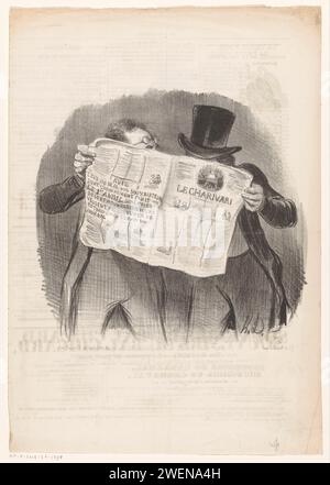 Zwei Männer lesen "Le Charivari", Honoré Daumier, 1840 gedruckter Text auf Verso. Papierlesung. Zeitung, Nachrichtenblatt Stockfoto