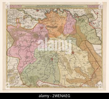 Karte von Brabant, Anonym, 1677 - 1720 drucken Karte des östlichen Teils von Brabant. Titel und Berechtigung in einem Streifen über der Karte. Legende links. Skala oben rechts: 1 1/2 gemeinsame Duytsche Myle von 15 Grad / Französische Myle oder Stunden der Gaens von 20 Grad. Die Karte ist mit einem Koordinatennetz und einer Gradverteilung entlang der Kanten ausgestattet. Papierätzung / Gravur von Karten von verschiedenen Ländern oder Regionen Brabant. Nord-Brabant. Den Bosch. Eindhoven. Helmond Stockfoto