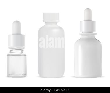 Modell der Tropfflasche. Kosmetisches Serum-Tropfglas-Behältnis. Mockup der ätherischen Ölflasche. Satz Pipettentropfenflasche für Kollagenessenz, medizinische PR Stock Vektor