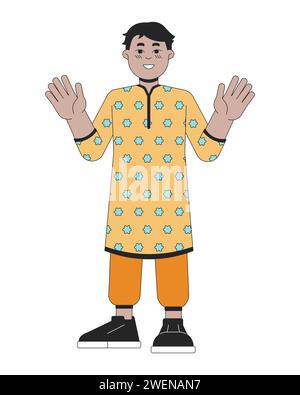 Kleine indische Boy Kurta Tunika 2D lineare Zeichentrickfigur Stock Vektor