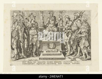 Kaiser Karl V. umringt von seinem besiegten Gegner Dirck Volckertsz. Coornhert, nach Maarten van Heemskerck, 1602–1640 Druck Kaiser Karl V. sitzt auf einem Thron, mit einem Adler zwischen den Füßen. Der Adler hat einen Ring im Schnabel, an dem Seile befestigt sind, an denen die besiegten Feinde des Kaisers gebunden sind. Links vom Thron befinden sich Frans I., König von Frankreich, Papst Clemens VII. Und der türkische Prinz Süleyman I. Auf der rechten Seite befinden sich die deutschen evangelischen Fürsten Philipp I., Landgraaf van Hessen, Maurits, der Kurfürst von Sachsen und Willem II., Hertog von Gelre, Kleef, Gulik und Berg. Th Stockfoto