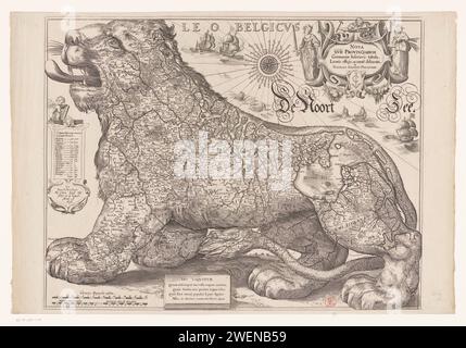 Karte der siebzehn Provinzen in Form des Niederländischen Löwen, Hessel Gerritsz, 1656 drucken Karte der siebzehn Provinzen in Form des Niederländischen Löwen. Oben rechts auf der Titelkartusche, unten auf dem Monogramm von Claes Janszoon Visscher. Um die Kartusche herum Personifizierungen der Tugenden Gerechtigkeit (Rechtfertigung), Glauben (Fides) und Mäßigung (Temperantia). Segelschiffe und Robben in der Nordsee. Links eine Kartusche mit den Namen der Provinzen und der Anzahl der Städte pro Provinz. Unten links drei Stöcke: 18 Ghemen Duytsche Meilen / 14 mittlere Meilen / 1 Stockfoto