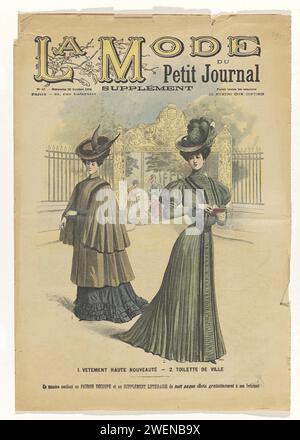 The Fashion Magazine as temptress, 1905 Cover von La Mode du Petit Journal: Supplement, Nr. 43. - Dimanche 22. Oktober 1905: 1. Vetement Haute Nouveauté. - 2. Toilette de Ville zwei Damen vor dem Zaun eines Parks (Parc du Luxembourg). Die Frau links mit einem Vogel dekoriert, rechts mit einem Hut mit Federn. La Mode du Petit Journal war die wöchentliche Modebeilage des Le Petit Journal, einer Pariser Wochenzeitung, die zwischen 1836 und 1944 erschien. Papierteller. Mantel: Mantel (+ Damenkleidung). Kleid, Kleid (ROBE DE VILLE) (+ Damenkleidung). Kleid, Kleid: Tageskleid ( Stockfoto