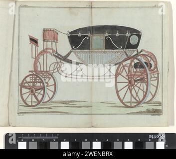 Store of New French and English Modi, 20. August 1787, 2. Jahr, 28. Notizbuch, pl. 2 und 3, A. B. Duhamel, nach Pugin, 1787 Wagen mit vier Rädern: 'Berline Angloise'. Der Druck ist Teil des 28. Cahier aus dem Magasin des Modes Nouvelles Francaises et Anglaises. Die Serie besteht aus 172 Modedrucken, die von Buisson, Paris, 20. November 1786 bis 21. Décembre 1789 veröffentlicht wurden. Papiergravur von Modetafeln. Vierrädriges, tierisches Fahrzeug, z. B.: Fahrerhaus, Wagen, Reisebus Stockfoto