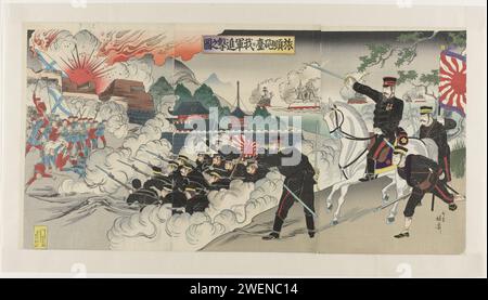 Unsere Armee stürmt die Waffen von Port Arthur, 1904 Druck die japanische Armee stürmt die Siedlung von Port Arthur. Im Februar 1904 Griff Japan die russische Flotte im Hafen von Port Arthur an. Der Angriff auf die Siedlung begann jedoch erst im August und dauerte mehr als fünf Monate. Dieser Druck stammt aus dem März 1904 und zeigt daher einen fiktiven Kampf gegen die Stadt. Das Design wurde wiederverwendet, Nobukazu veröffentlichte im August 1900 nach der Schlacht von Peking einen sehr ähnlichen Druck. Papierfarbe Holzschnitt / Polieren (Militär) Angriff. Coast Port Arthur Stockfoto