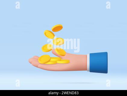 3D Hand mit Münzen fliegen. Stock Vektor