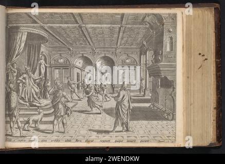 Daniël für König Nebukadnessar, Johannes oder Lucas van Doechum, nach Hans Vredeman de Vries, werden 1646 Druck Daniël und drei weitere junge Israeliten König Nebukadnessar präsentiert. Der König, links auf dem Thron, weist sie an, sie zu lehren, damit sie sich dem König anschließen können. Unter dem zeigen Sie dann einen Verweis auf den Bibeltext in lateinischer Sprache. 1: 3. Dieser Ausdruck ist Teil eines Albums. Papierstiche Israeliten (meist vier) werden dem Prinzen der Eunuchen vorgeführt, weil König Nebukadnezar sie im Palast erziehen lassen will (Daniel 1) Stockfoto