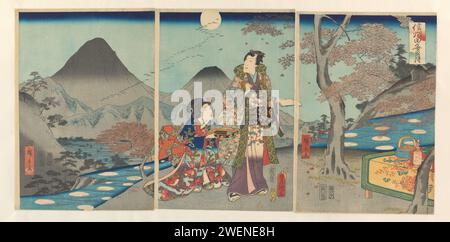 Der Mond spiegelte sich in den Reisfeldern von Shinano, Kunisada (II), Utagawa, 1861 Prinz Genji und eine Dame, während der Vollmond in den Reisfeldern reflektiert. Teil eines Triptychons. Holzschnitt in Papierfarbe Stockfoto