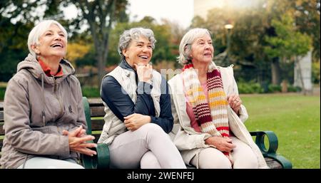 Senioren, Frauen und Freunde, die in den Park zeigen, mit Aussicht und einem Pensionierungslächeln in einem Garten. Natur, Urlaub und Gespräch mit älteren Frauen auf Stockfoto