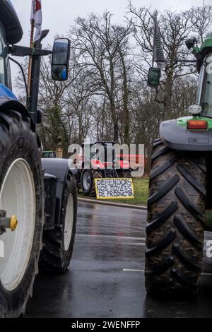 © Michael Bunel/Le Pictorium/MAXPPP - Fontainebleau 26/01/2024 Michael Bunel/Le Pictorium - 26/01/2024 - France/seine-et-Marne/Fontainebleau - Pres de 200 agriculteurs Occupent depuis 6 heures ce matin, le rond Point de l'Obelisque de Marie-Antoinette a Fontainebleau. 26. Januar 2024. Fontainebleau. Frankreich - Valeurs ACtuelles out, no jdd, jdd out, RUSSIA OUT, NO RUSSIA OUT, NO RUSSIA #norussia/26/01/2024 - France/seine-et-Marne/Fontainebleau - fast 200 Bauern besetzen heute Morgen den Kreisverkehr Obelisque de Marie-Antoinette in Fontainebleau. Januar 20 Stockfoto