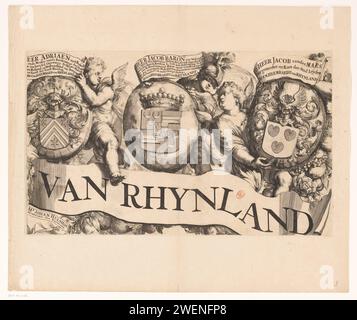 Karte des Wasseramtes von Rijnland (dritter Teil), Romeyn de Hooghe, 1687 Druck dritter Teil einer Karte des Wasseramtes von Rijnland, bestehend aus 15 Teilen. Papierätzung / Gravur Wappenlager, Heraldik Stockfoto