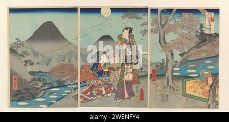 Der Mond spiegelte sich in den Reisfeldern von Shinano, Kunisada (II), Utagawa, 1861 Prinz Genji und eine Dame, während der Vollmond in den Reisfeldern reflektiert. Teil eines Triptychons. Holzschnitt in Papierfarbe Stockfoto