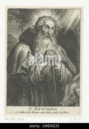 Heiliger Antonius der große mit Tustaf und Kräften, Schelte Adamsz. Bolswert, nach Peter Paul Rubens, 1596–1659 Druckpapier mit dem Gravur des Einsiedlers Antonius Abt (Antonius Abbas) von Ägypten, auch der große genannt; mögliche Attribute: Glocke, Buch, T-förmiger Stab, Flammen, Schwein Stockfoto