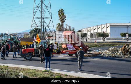 Perpignan, Frankreich. Januar 2024. © PHOTOPQR/L'INDEPENDENT/MICHEL CLEMENTZ ; PERPIGNAN ; 26/01/2024 ; SOCIAL/MANIFESTATION DES AGRICULTEURS EN COLERE/BLOCAGE TOTAL DE LA ZONE DU MARCHE INTERNATIONAL SAINT-CHARLES/- Protest der französischen Bauern Fortsetzung Frankreich 26. Januar 2024 Credit: MAXPPP/Alamy Live News Stockfoto