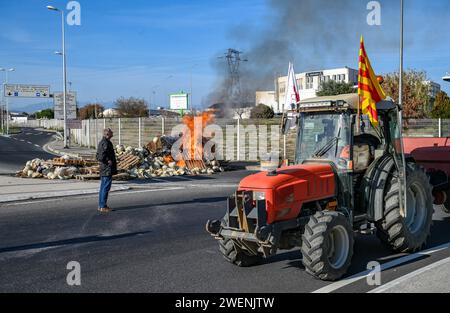 Perpignan, Frankreich. Januar 2024. © PHOTOPQR/L'INDEPENDENT/MICHEL CLEMENTZ ; PERPIGNAN ; 26/01/2024 ; SOCIAL/MANIFESTATION DES AGRICULTEURS EN COLERE/BLOCAGE TOTAL DE LA ZONE DU MARCHE INTERNATIONAL SAINT-CHARLES/- Protest der französischen Bauern Fortsetzung Frankreich 26. Januar 2024 Credit: MAXPPP/Alamy Live News Stockfoto