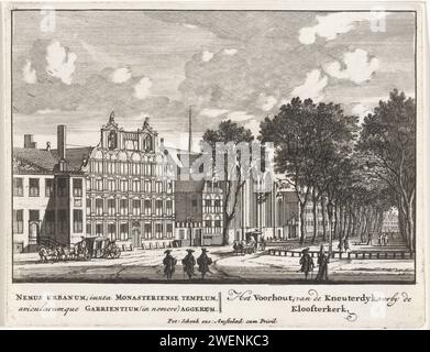 Ansicht des Kneuterdijk und lange Voorhout in den Haag, Anonym, 1686 - 1711 Print Ansicht des Kneuterdijk, mit dem ehemaligen Wohnhaus von Johan van Oldenbarnevelt (zweiter von links), der mit dem Kloosterkerk in den lange Voorhout überfließt. Drucken Sie von einer Serie von 17 Gesichtern in den Haag und Umgebung. Papierätzkirche (außen). Straße (+ Stadt (-Landschaft) mit Figuren, Personal) Kneuterdijk. Lange Voorhout. Klosterkirche Stockfoto