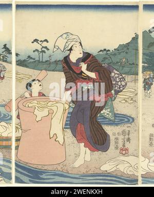 De Chofu Tama Rivier in de PROVINCIE MUSASHI, C. 1847 drucken Frau barfuß und Kind mit einem großen Stößel in den Händen, stehend an hoher Wastobbe, in der weiße Tücher; am Fluss. Papierfarbe Holzschnitt waschen Stockfoto