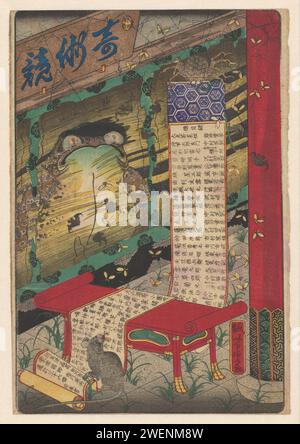 Makimono wird über einem Tisch ausgerollt, 1850 - 1870 Druck Makimono wird über einem Tisch ausgerollt. Eine Seite wird von einer Spinne in einem Spinnennetz hochgehalten, am anderen Ende ist eine Ratte Bei verschlissenen Rollläden ein unklares Bild eines Pfads. Es gibt überall Fliegen, Fledermäuse. Papierfarbe Holzschnittspinnen. Nagetiere: Ratte Stockfoto