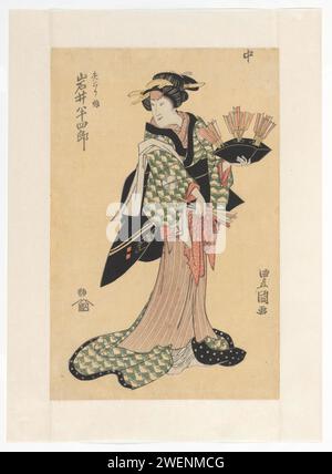 OIWA Holding Arrows, Utagawa toyokuni (i), C. 1818 Print Kabuki-Schauspieler Iwai Hanshirô V. in der Rolle der Oiwa, der Tochter von Yatori, mit Pfeilen in der Hand. Szene aus einer Tanzshow. Papierfarbe Holzschnitt weibliche Imitation durch Schauspieler. archers Waffen: Pfeil Stockfoto