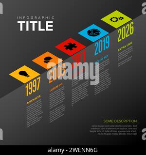 Farbige Infografik auf dunklem Hintergrund mit fetten Jahren und Symbolen in lebendigen Abschnitten. Diagonale Zeitlinienvorlage am Rand mit Beispieltext Stock Vektor