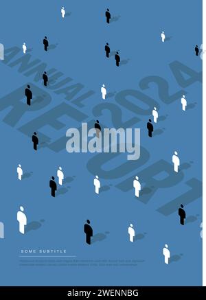 Ein Jahresbericht des Unternehmens zeigt isometrische Zahlen auf einem blauen Hintergrund mit großer Typografie. Das abstrakte Design deutet auf Bus hin Stock Vektor