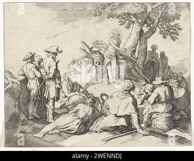 Predigt von Johannes de Boper, Anonym, nach Frederick Bloemaert, nach Abraham Bloemaert, 1650–1750 Druck Johannes der Täufer spricht die Menge an. Er steht neben einem Baum auf einer Höhe. Die Leute sitzen, lügen oder stehen in einem Kreis um ihn. Kopie zu einer Performance aus dem Zeichenbuch von Abraham Bloemaert. Papiergravur / Ätzung Johannes der Täufer Predigt (vielleicht Christus unter den Umstehenden) Stockfoto