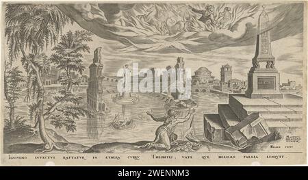 Landschaft mit Elisa, die den Mantel von Elijah erhält, Philips Galle, nach Maarten van Heemskerck, 1571 Druck Elijah sitzt in einem Feuerauto, das von vier Pferden gezogen wird und in den Himmel fährt. ELISA kniet auf dem Boden, der Mantel Elias neben ihm. Im Hintergrund eine Stadt, die verwüstet ist. Der Papierstich Elisha nimmt Elijahs Mantel auf und geht zurück in den Jordan Stockfoto