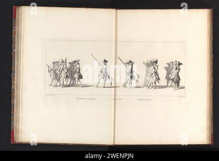 Leiche von Willem IV, 1752, Platte 5, Jan Punt, nach Pieter Jan van Cuyck, 1755 Druck der Schweizer Garde, mit Musikern. Am Rand eine Beschriftung in Niederländisch, Französisch und Englisch. Der Ausdruck ist Teil eines Albums. Papierätzung / Gravurcortege, Trauerprozession. Militärmusik. Militärparade, Parade (+ Infanterie) Delft Stockfoto