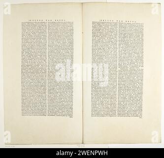 Erstes Textblatt auf der Karte der Belagerung von Breda, 1624, 1649 Textblatt erstes Textblatt auf der Karte der Belagerung von Breda durch die spanische Armee unter Spinola, 27. August 1624 bis 5. Juni 1625. Doppelblatt aus dem Stadtbuch von Blaeu, beidseitig bedruckt mit niederländischem Text. Papier, Buchdruck Stockfoto