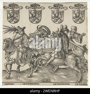 Floris II, Dirk VI, Floris III und Dirk VII, Jacob Cornelisz van Oostsanen, 1518 drucken Blatt aus neun Zeitschriften. Die Grafen Floris II., Dirk VI., Floris III. Und Dirk VII. Zu Pferd, mit Wappen und Namen, ohne Text. Papierreiterstatträt Stockfoto