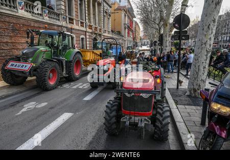 Perpignan, Frankreich. Januar 2024. © PHOTOPQR/L'INDEPENDENT/MICHEL CLEMENTZ ; PERPIGNAN ; 26/01/2024 ; SOCIAL/MANIFESTATION DES AGRICULTEURS EN COLERE/MOBILISATION DEVANT LA PREFECTURE DES PYRENEES-ORIENTALES - französischer Bauernprotest Fortsetzung Frankreich 26. Januar 2024 Credit: MAXPPP/Alamy Live News Stockfoto