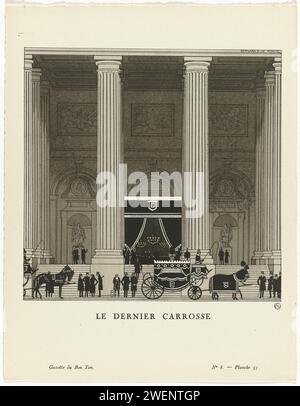 GAZETTE DU BON TON, 1920 - NR. 8, PL. 57: Der letzte Carrosse, Bernard Boutet de Monvel, 1920 Trauerzug mit einem stationären Körper vor dem Eingang eines klassizistischen Gebäudes. Planche 57 aus Gazette du Bon Ton 1920, Nr. 8. Papier Buchdruck, der Modeplatten druckt. Leichenwagen Stockfoto