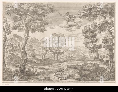 Adonis von einem Wildschwein angegriffen, 1642–1698 Druck in einer italienischen Hügellandschaft liegt Adonis auf dem Boden, von dem Wildschwein angegriffen, der ihn töten wird. Auf einer Wolkenparty am Himmel ist Mars, von dem das Eber auf Adonis aus Zorn über die Liebe zwischen Adonis und Venus gesandt wurde. Am unteren Rand eine lateinische Textregel. Der Tod von Adonis wird von einem Eber getötet. Mars verfolgt Adonis. Blick auf die Stadt und Landschaft mit künstlichen Bauten Stockfoto