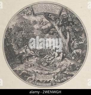 Das goldene Zeitalter, Johann Theodor de Bry (zugeschrieben), nach Nicolaes de Bruyn, nach Abraham Bloemaert, drucken 1608 arkadische Landschaft mit Gruppen von Männern und Frauen, die angenehm entspannt sind. Geh zwischen ihnen und liege verschiedene Tiere. Mitten in einer Wolke schaut Saturn auf das goldene Zeitalter. Über ihm eine Banderole mit französischem Text mit einer Erklärung über das goldene Zeitalter. Papier, das das goldene Zeitalter „Aetas aurea“ graviert; die Menschen leben glücklich und sammeln Früchte unter der Herrschaft des Saturns Stockfoto