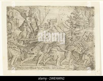 Triumph von de Tijd, Georg Pencz, 1537–1541 drucken die geflügelte Zeit, als ein alter Mann auf Krücken auf einem von Hirschen gezogenen Auto steht. Kinder und Erwachsene laufen in der Prozession. Auf der rechten Seite läuft ein Kind mit einem Gehständer, unterstützt von einem anderen Kind. Lateinische Inschrift in zwei Zeilen: TempvS Edax Rervm ... Erant AVT Fverint Papiergravur „Trionfo del Tempo“, „Triumph der Zeit“; „Carry del Tempo“ (Ripa) Stockfoto