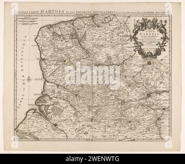 Karte der Graafschap Artesia, Luggert van Anse, 1690 - 1732 drucken Karte der Grafschaft Artesia. Oben rechts eine Titelkartusche mit dem Wappen der Grafschaft Artesia oben. Ein weiterer Titel über der Karte. Oben links drei Stöcke: Lieües communes d’Altemagne / 3 Lieües communes de France / Quatre Lieües d’Artois. Die Karte ist mit einem Koordinatennetz und einer Gradverteilung entlang der Kanten ausgestattet. Papiergravur/Ätzen von Karten von verschiedenen Ländern oder Regionen. Vogeljagd Artois Stockfoto