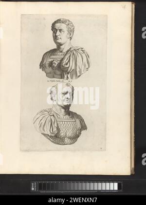 Zwei Porträtbüsten von Kaiser Marcus Aurelius und Kaiser Septimius Severus, 1636–1647, drucken zwei römische Porträtbüsten von Kaiser Marcus Aurelius und Kaiser Septimius Severus. Sie tragen ein Kleid. Unten links das Wappen von Vincenzo Giustiniani. Print ist Teil eines Albums mit einer Serie von Drucken zu den Skulpturen der Sammlung in der Galleria Giustiniani in Rom. Papiergravur männlicher Personen aus der klassischen Geschichte (+ Kopf, Büste usw.). Skulptur, Reproduktion einer Skulptur Stockfoto
