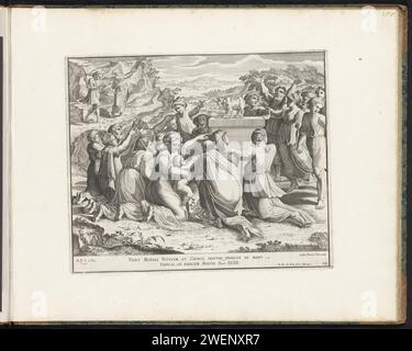 Anbetung des Goldenen Kalbes, Cesare Fantetti, nach Rafaël, 1675 drucken die Israeliten tanzen und knien für das Goldene Kalb. Im Hintergrund links brach Mose aus Zorn über die Götzendiener der Israeliten die Gesetzestabelle. Bibelvers unter der Show. Drucken ist Teil eines Albums. Die Leute tanzen um das goldene Kalb  Exodus Stockfoto