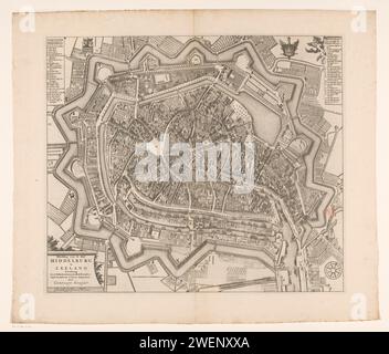Karte von Middelburg, Anonym, nach Cornelis Goliath, nach Anthony van Meyren, 1690–1696 drucken Karte in einer nutschalen Perspektive. Oben links eine Legende A-Z mit der Waffe von Zeeland rechts. Links unten auf der Titelkartusche, rechts davon eine Schüssel ohne Skala. Oben rechts eine Legende 1-24 mit der Waffe von Middelburg links. Papiergravur von Stadtplänen. Wappen (als Symbol des Staates usw.) (+ Provinz; Provinz). Wappen (als Symbol des Staates usw.) (+ Stadt; Gemeinde) Middelburg Stockfoto