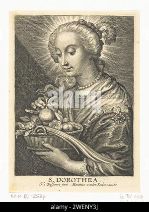 St. Dorothea mit Korb mit Obst und Blumen, Schelte Adamsz. Bolswert, nach Peter Paul Rubens, 1596 - 1659 Druckpapier mit Gravur der jungfräulichen Märtyrerin Dorothea von Cäsarea; mögliche Attribute: Korb mit Rosen und Äpfeln, Kind mit Korb mit Rosen, Rosengirlande, Rosen in der Hand oder auf dem Schoß Stockfoto