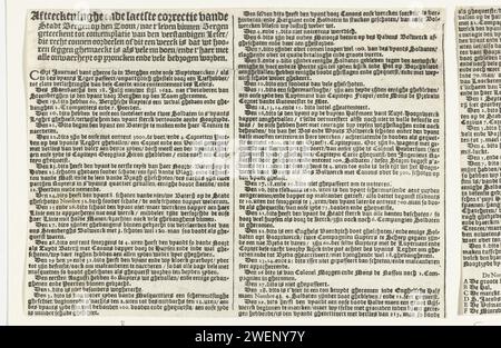 Textblatt zum Druck der Belagerung von Bergen op Zoom von Spinola, 1622, 1622 Textblatt zum Druck der gescheiterten Belagerung von Bergen op Zoom durch die spanische Armee unter Spinola und Velasco, 18. Juli bis 3. Oktober 1622. Text in 2 Spalten auf Niederländisch. Papier-Buchdruck Bergen op Zoom Stockfoto