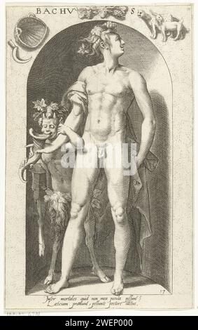 Bacchus, Nicolaas Braeu, nach Karel van Mander (I), drucken 1598 ein Bild des Gottes Bacchus in einer Nische. Neben Bacchus befindet sich ein saat, der von einem Horn trinkt, der die Bacchus Holding hält. An der Wand Attribute des Weingottes, wie ein Korb und eine Sichel-zu-Augen-Tests, Traubenbündel und ein Leopard und eine Ziege. Diese Tiere ziehen oft seinen Triumphwagen in anderen Bildern an. Mit einer Unterschrift auf Latein. Papierstich (Geschichte von) Bacchus (Dionysos), Liber Stockfoto