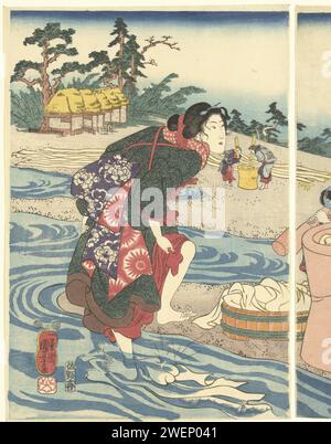 De Chofu Tama Rivier in de PROVINCIE MUSASHI, C. 1847 drucken Frau barfuß in einem Fluss weiße Tücher waschen. Im Hintergrund stempeln zwei Frauen das Wachs in einem großen tobbe neben erklärten Leinwänden. Papierfarbe Holzschnitt waschen Stockfoto