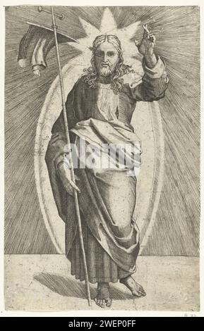 Christus als Erlöser der Welt, Marcantonio Raimondi, nach Rafaël, 1517–1527 Druckpapier mit dem Gravur „Salvator Mundi“, mit einer segnenden Geste; eine Kugel in der Hand oder zu seinen Füßen Stockfoto