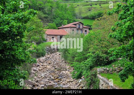 Traditionelle Steinhäuser eingebettet in üppiges Grün in der Nähe eines trockenen Flussbettes, mit Vieh auf dem Hügel, in der spanischen Landschaft Stockfoto