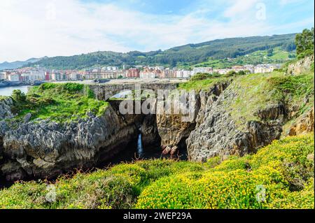 Ein malerischer Wanderweg entlang der felsigen Küste mit Blick auf die Stadt Castro Urdiales und üppige Hügel im Hintergrund. Stockfoto